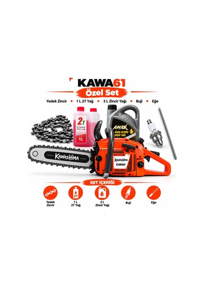Algaride Kawa61 61.5cc Benzinli Motorlu Testere 3.9hp 3/8 36 Zincir Yedek Zincir 1l 2t Yağ 3l Zincir Yağı Buji Eğe Özel Set Kawashima
