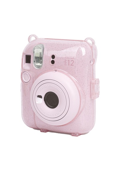 Fujifilm Instax Mini 12 Fotoğraf Makinesi + 20'li Film + Kıskaçlı Resim Standı + Simli Pleksi Kılıf Seti Pembe