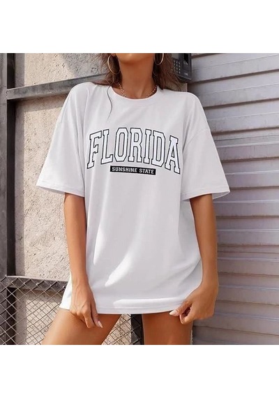 Kadın Kısa Kol Yazlık Tişört Bisiklet Yaka Florıda Baskılı T-shirt - Beyaz