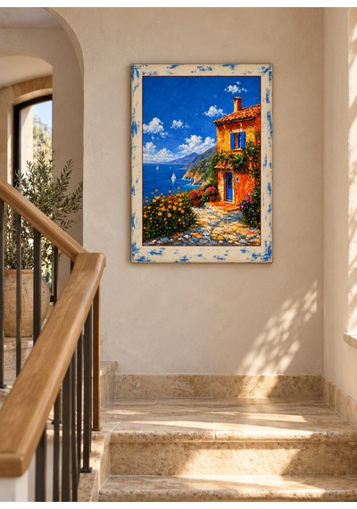 Akdeniz Esintisi Beyaz Eskitme Çerçeve Desenli Deniz Manzaralı Dekoratif Ahşap Tablo 52 X 72 Cm