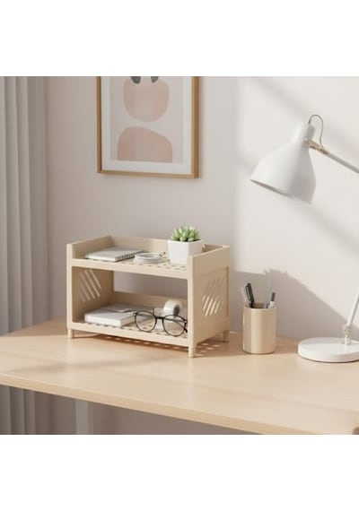 Çok Amaçlı 2 Katlı Organizer Raf Plastik Düzenleyici Stand Banyo, Mutfak, Masaüstü Ve Ofis İçin 25 X 18 Cm Bej 0