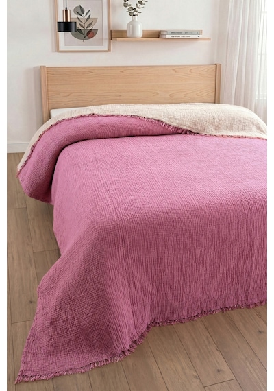 Tek Kişilik 4 Kat Müslin Yatak Örtüsü - %100 Pamuk, Çift Taraflı Müslin Pike - 170x240 Cm - Fuşya