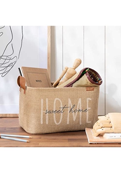 Ocean Home Textile Home Sweet Home Baskılı Dikdörtgen Jüt Sepet //30x21x18 Açık Bej