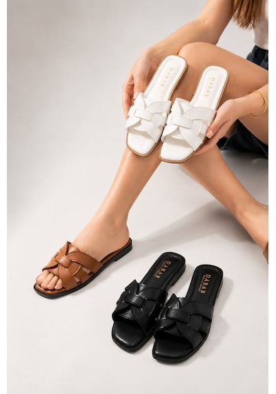 Dabab Shoes Lında 3'lü Paket Örgü Bant Detaylı Kare Burun Düz Taban Terlik Beyaz - Siyah - Taba Beyaz Kombin