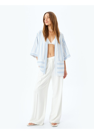 Koton Viskon Karışımlı Cepli 3/4 Geniş Kol Çizgili Kimono Mavi Çizgili 5sak50067uw Mavi