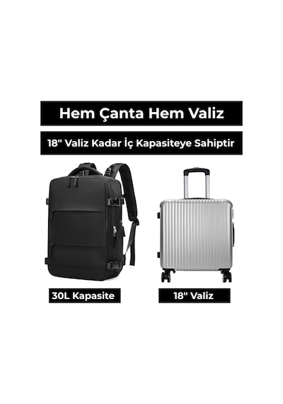 Su Geçirmez 16" İnç 30l Ayakkabı Bölmeli Seyahat Sırt Çantası - Laptop Bölmeli, Usb Şarj Girişli Siyah