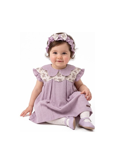 Bebegen Kız Bebek Ekru Lila Çicekli Yakalı Bandanalı Müslin Elbise Çok Renkli