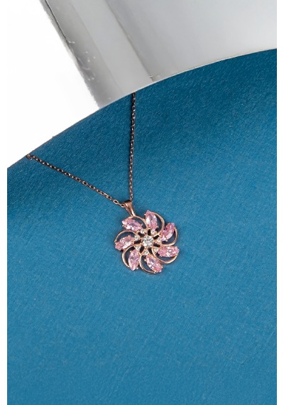 Pembe Zirkon Taşlı Rose Renk 925 Ayar Gümüş Rüzgar Gülü Bayan Kolye - 50 CM