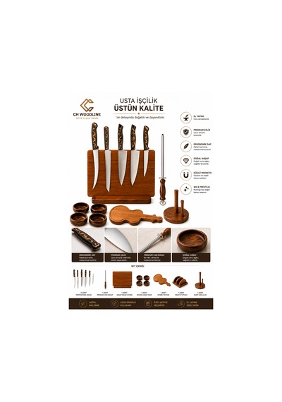 CH woodline 4 Parça Profesyonel Mutfak Bıçak Set i 4116 Alman Çelik, Verzalit Sap, Mıknatıslı Epoksi Standlı, Nusret Şef, Santoku, Guyuto, Ekmek Bıçağı + Ceviz Kase, Kesme Tahtası Ve Peçete çok renkli