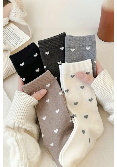 Hitit Socks Kadın 5 Çift Premium Kalite Kalpli Tenis Çorap Çok Renkli ASORTİ