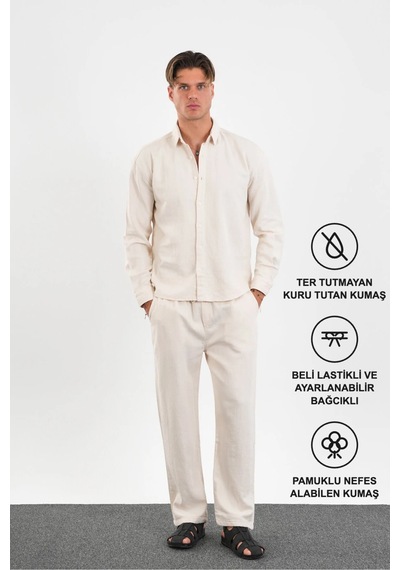 Flare Kışlık Baggy Pantolon Oversize Gömlek Alt Üst Takım %100 Pamuk Bej