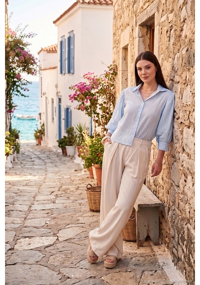 Lela Relaxed Fit Yüksek Bel Geniş Paça Pantolon Bayan Pantolon 668yp5515 Taş