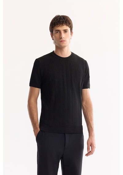 Avva Erkek Siyah Bisiklet Yaka Çizgili Triko Regular Fit T-shirt A52y5005