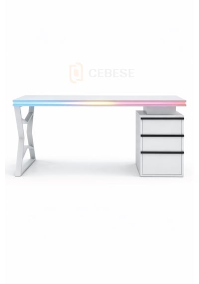 Bilgisayar Masası + Rgb Led - 170 65 77 Cm Kumandalı Ve Telefon Kontrollü Beyaz