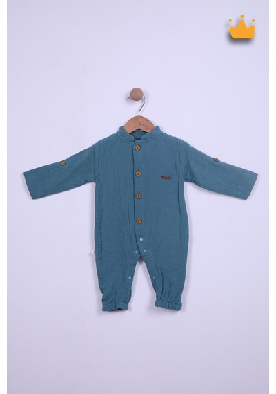 Babyhola Kız Erkek Bebek Tulum Pamuk Müslin Katlanabilir Kollu Çıtçıtlı 22401 Mavi