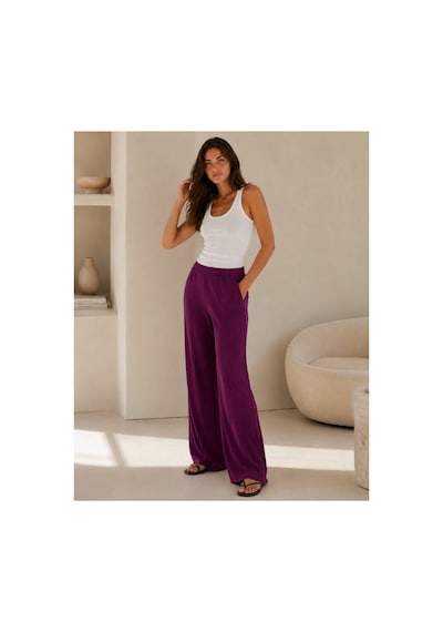 Unika Boutique Kadın Yüksek Bel Lastikli Bol Paça Rahat Pantolon Günlük Alt Giyim Mürdüm