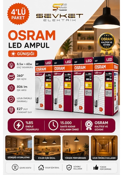 Osram Led Value 4'lü Paket 8.5w 60w Led Ampul Günışığı E27 Normal Duylu 4 Adet