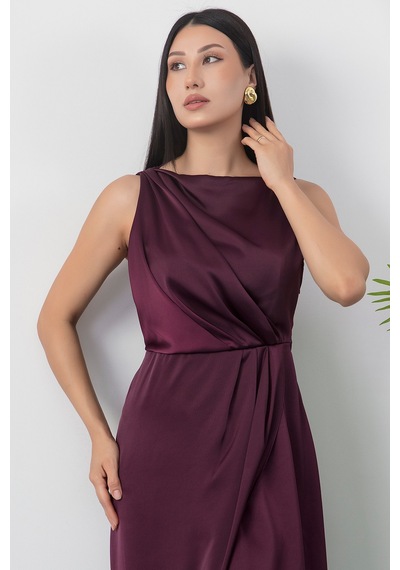 Kalopya Kare Yaka Beli Büzgülü Yırtmaçlı Elbise Yzc25y223 Murdum