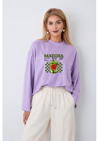 Medinenur Kadın Matcha Baskılı Oversize Geniş Kollu Body Lila
