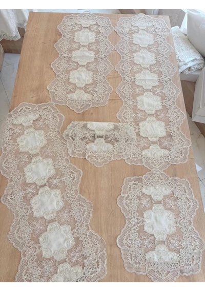 Salon Takımı Çeyizlik Krem Runner Set 5 Parça Keten Ranır Masa Konsol Sehpa Örtüsü Orkide Çok Renkli