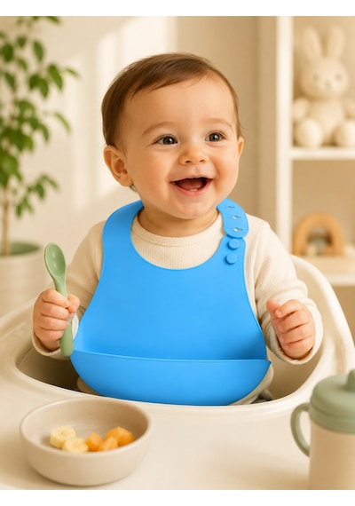 Silikon Mama Önlüğü Su Geçirmez Ayarlanabilir Bebek Önlüğü Bpa İçermeyen Geniş Cepli Beslenme Önlüğü Mavi