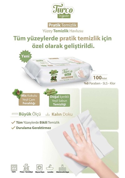 Baby Turco Turco Doğadan Pratik Yüzey Temizlik Havlusu 100 Yaprak Yeşil Sabun/yeşil Çam 3 Lü Set 3 Adet Beyaz