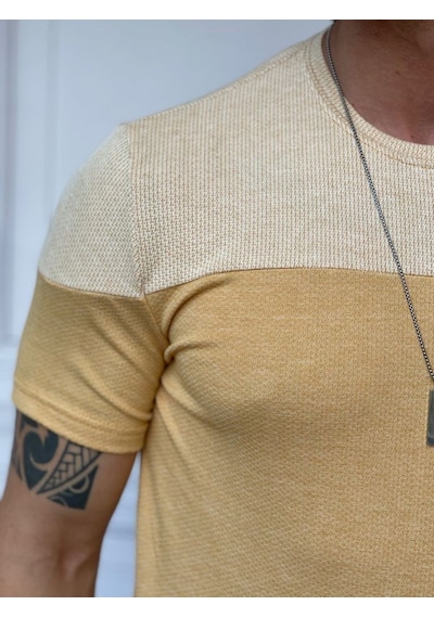 Modefendi Çift Renk Parçalı Detaylı Pamuk Örme Slimfit Tshırt Sarı