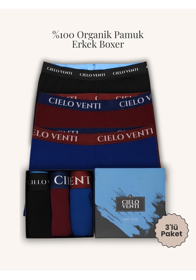 Cielo Venti Night Collection 3'lü Organik Pamuk Erkek Boxer Siyah - Bordo - Mavi - Beyaz