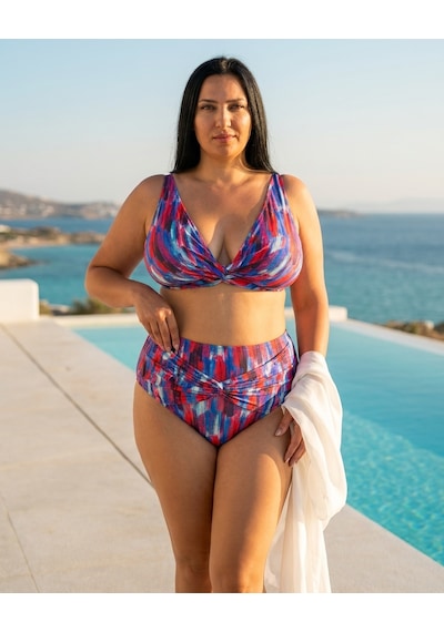 Büyük Beden Üçgen Sabit Pedli Desenli Toparlayıcı Yüksek Bel Kadın Bikini Takım Saks