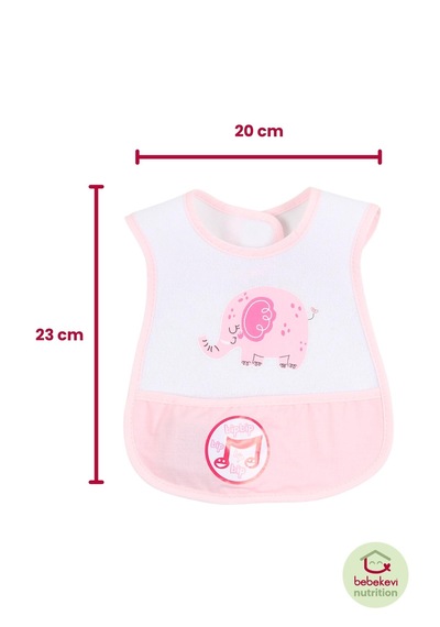 Düdüklü Cepli Sıvama Mama Önlüğü - Mutlu Fil Pembe Bebek Önlüğü Açık Pembe