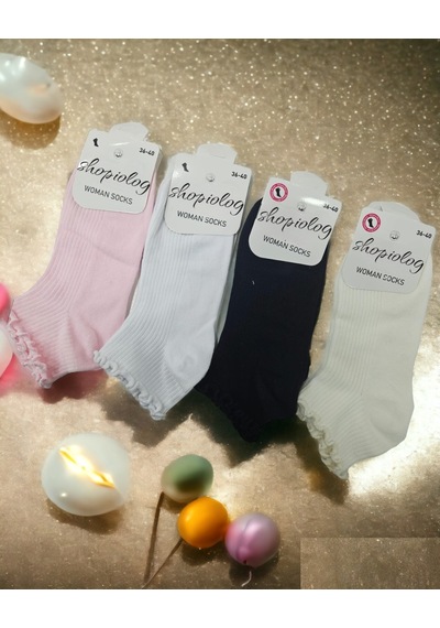 Shopiolog Sevimli Marul Desenli Bilek Çorabı 4'lü Paket Beyaz - Ekru - Siyah - Pembe Çok Renkli