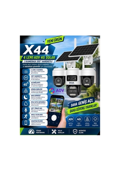 - X44 4 Lens Aov 4g Solar 3 Kameralı 355 Derece Hareketli Kamera
