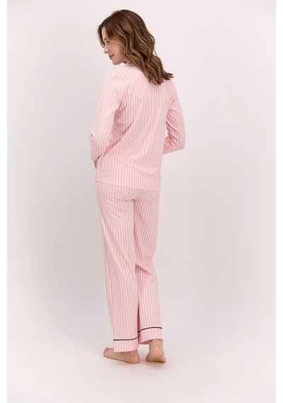 Pierre Cardin 8765 Önden Düğmeli Kadın Pijama Takım Çizgili Pembe