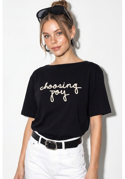 Shade Kadın Nakışlı Yazı İşlemeli Kayık Yaka T-shirt 60382604 - Siyah