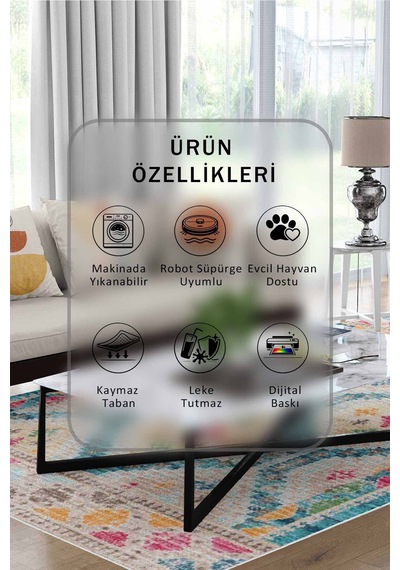 Yıkanabilir Kaymaz Taban Dijital Baskılı Halı Ve Yolluk Leke Tutmaz Salon & Mutfak Halısı - 1535 Çok Renkli
