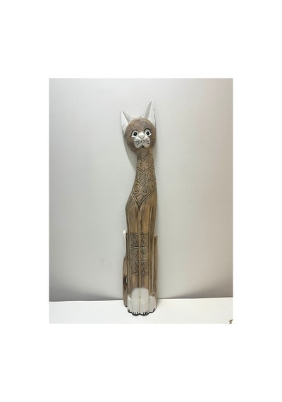 Ahşap Dekoratif Kedi 80 Cm K.kahve Otantik El Yapımı Biblo