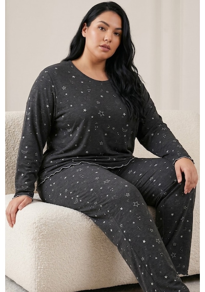 Siyah İnci Büyük Beden Battal Boy Örme Pijama Takım26240922 Antrasit