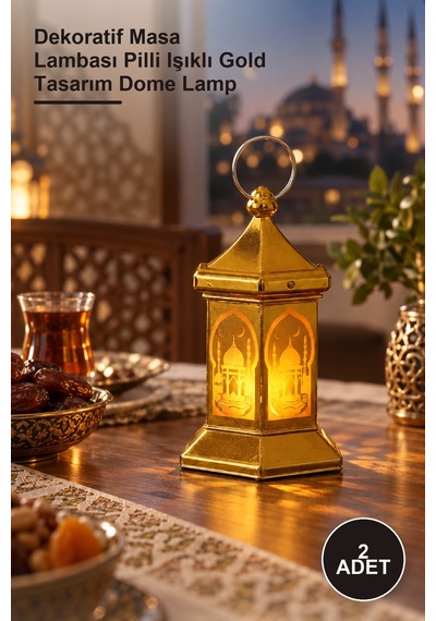 2 Adet Ramazan Temalı Altıgen Kubbe Led Lamba Dekoratif Masa Lambası Pilli Işıklı Gold Tasarım Dome Lamp