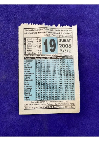 19 Şubat 2006 Takvim Yaprağı - Nostalji Koleksiyonluk Takvim Yaprağı