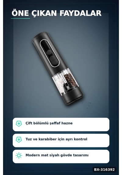 Elektrikli Baharat Ve Karabiber Öğütücü Şarjlı Çift Bölmeli Led Işıklı Bx-316392 Diğer