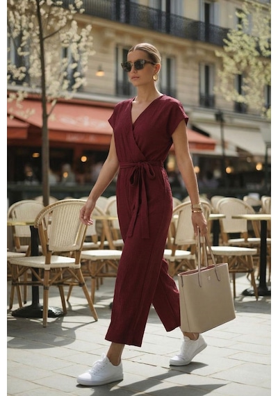 Armonika Kadın Bordo Kruvaze Beli Kemerli Tulum Arm-20y042008
