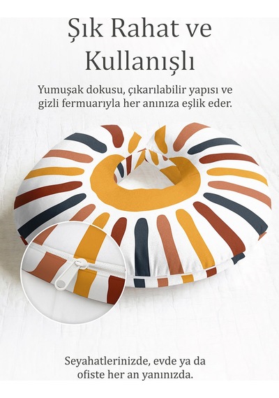 Etnik Renkli Ergonomik Boyun Yastığı - Modern Çizgi Desen Hardal Turuncu Gri Seyahat Yastığı Canlı Kanyon Kömür