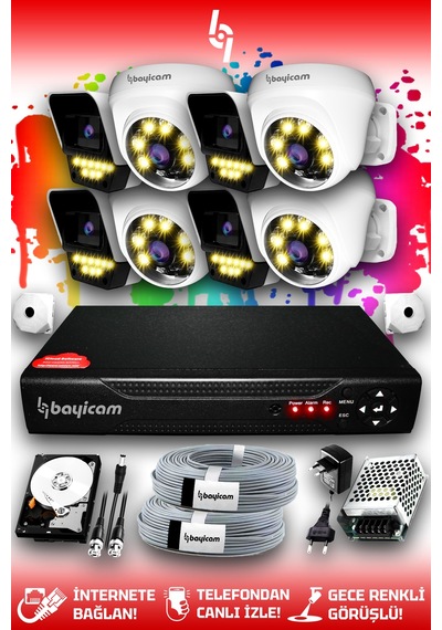 Bayicam 8 Kameralı Süper 4 İç Kamera Set 320 GB 5 MP 2K Renkli Gece Görüşlü Güvenlik Kamerası Sistemi