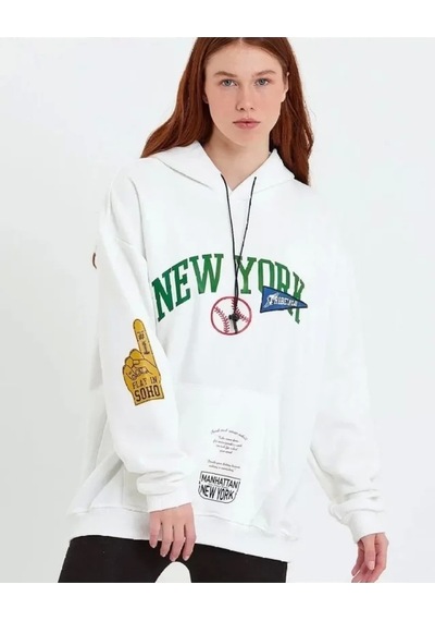 Baskılı Kapüşonlu Sweatshirt - Beyaz