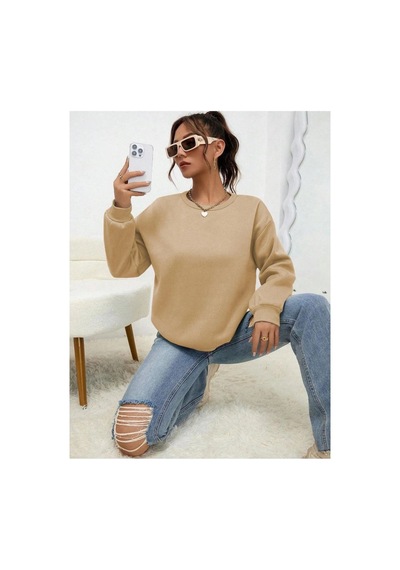 Kadın Düz Bisiklet Yaka 3 İplik Sweatshirt - Bej