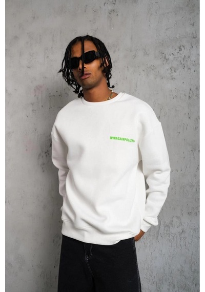Erkek 3 İplik Bisiklet Yaka Baskılı Sweatshirt - Beyaz