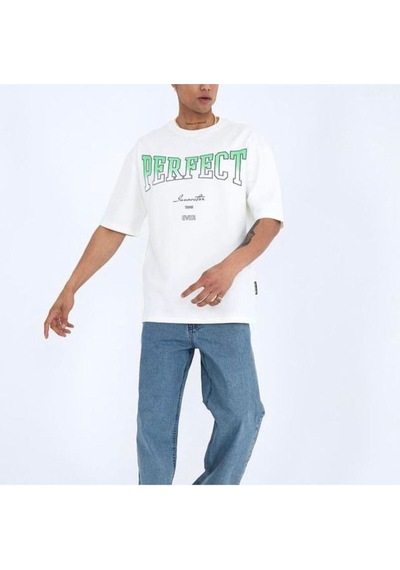 Flood Of Style Erkek Beyaz Perfect Baskılı Oversize Bisiklet Yaka Tshirt