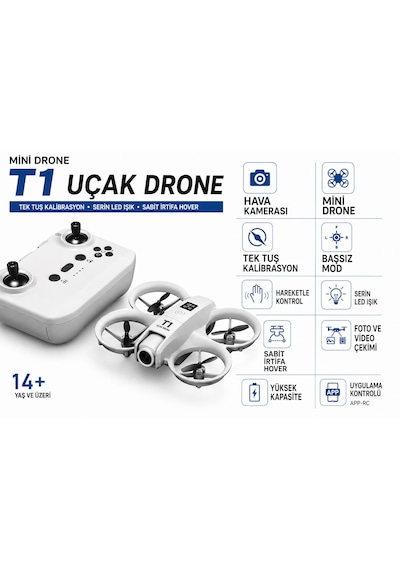 T1 Mini 1080 Full Hd Kameralı 360 Dönüşlü Drone Led Işıklı 4 Pervaneli Dron Sabit İrtifa Asılı Kalma Kameralı Tek Tu Kalibrasyon Hava Dronu Hobi Foto Ve Video Çekimi Uygulamadan Kontrol