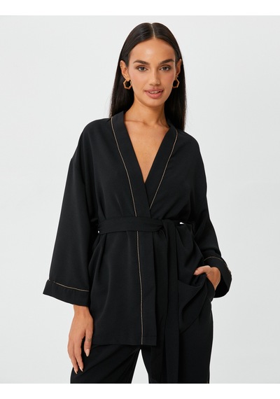 Koton Kimono Kuşaklı Işıltılı Şerit Detaylı Siyah 4wak50160uw Siyah