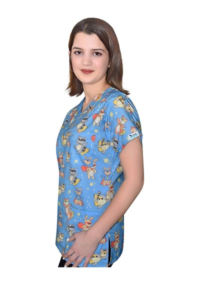 Unisex Master Likra Maskeli Kedi Temalı Pamuklu Likralı Scrubs Tek Üst Forma Karışık Karışık